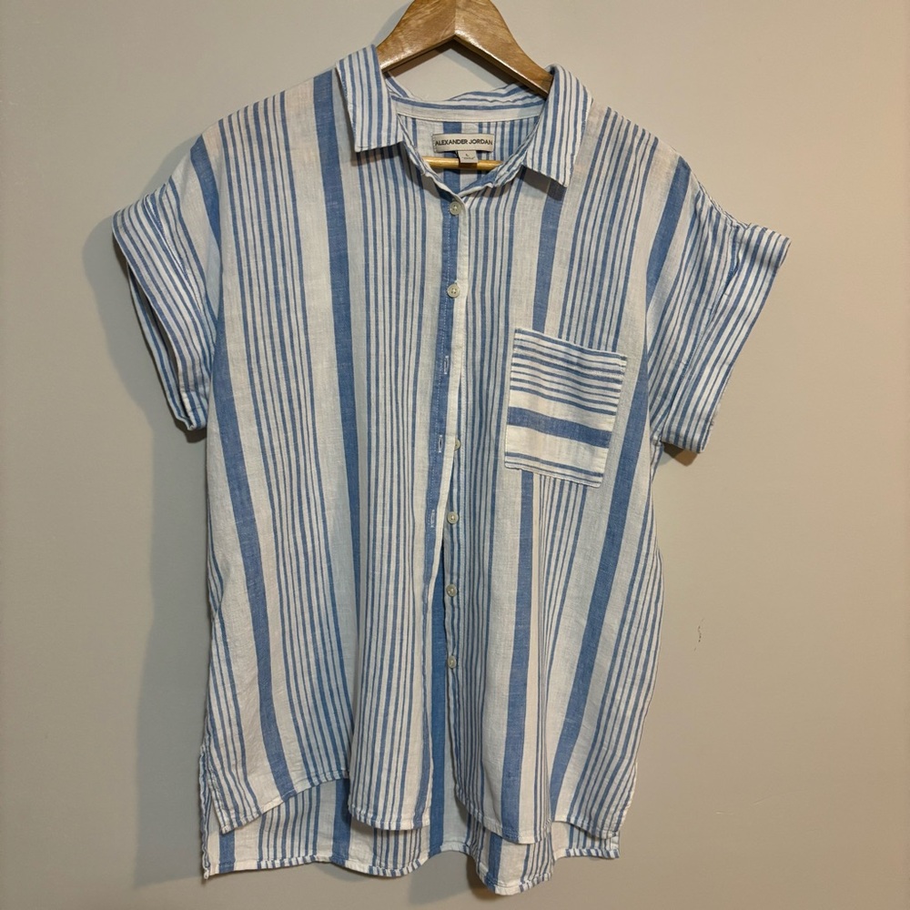 Alexander Jordan Blue & White Striped Button Down Linen Blend Shirt with Pocket